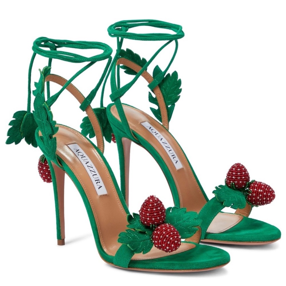 New Aquazzura Green Fragolina 105 Embellished Suede Sandals 38 $1,295 - Picture 3 of 14